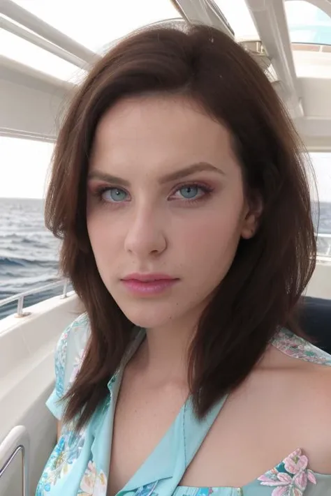 RAW, a beautiful st1v3s, perfect face, stunning eyes, facial focus, stunning floral iridescent blouse, on a yacht on the ocean, amateur, 8k uhd