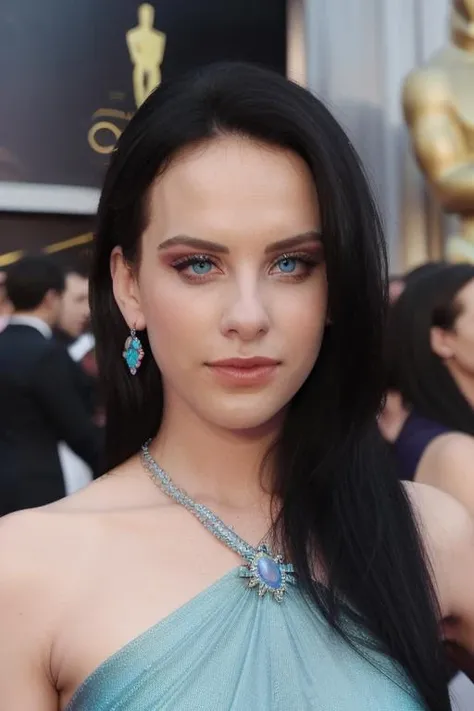 RAW, a beautiful st1v3s, facial focus, perfect face, stunning eyes, sapphire necklace, stunning iridescent dress, at the oscars, crowded, people in the background, perfect day, 8k uhd