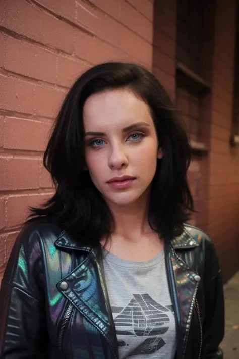 RAW, a beautiful st1v3s, perfect face, stunning eyes, facial focus, teeshirt, iridescent leather jacket, in an alley at night, 8k uhd
