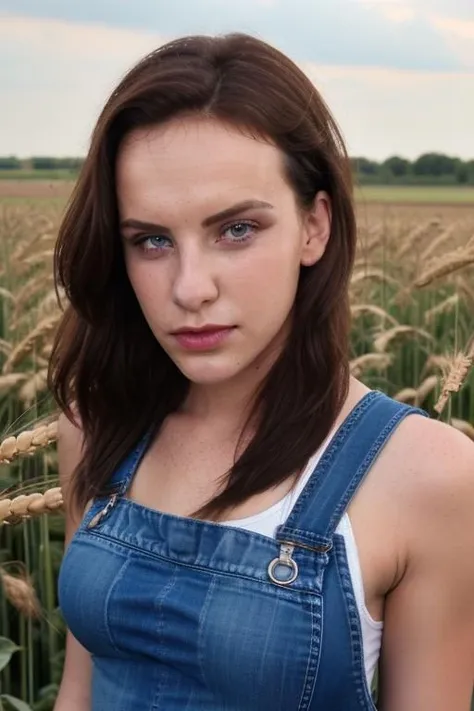 RAW, a beautiful st1v3s, upper body, (close up:1.1), facial focus, perfect face, stunning eyes, worn out jean overalls, tanktop, in the wheat fields, perfect day, amateur, candid, 8k uhd
