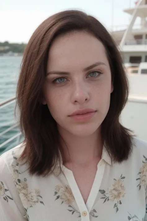 RAW, a beautiful st1v3s, facial focus, perfect face, stunning eyes, buttoned cream blouse, floral scarf, on an boat on the ocean, freckles, perfect day, 8k uhd