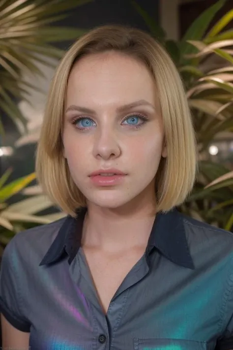 RAW, a beautiful st1v3s, perfect face, stunning eyes, facial focus, blonde, in an iridescent buttoned blouse, at the exotic aquarium, amateur, 8k uhd