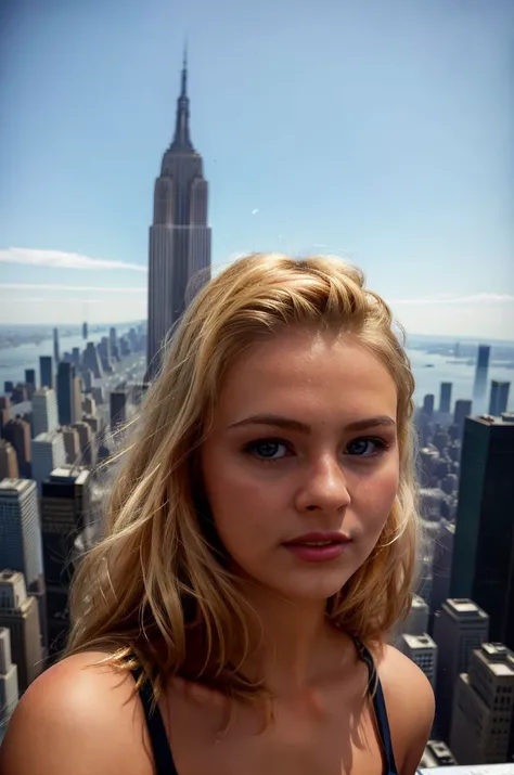 A giantess muscler blonde blue eyed long haired white dressed and gold belt girl in city towering over all buildings in city and sitting on a building