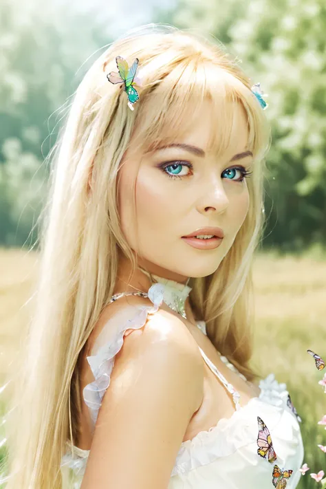 A realistic full-length photograph of (NikkiAndersonQuiron woman) , Dappled Light, beautiful eyes, eyes detailed, best quality, high quality,well defined pupils,
masterpiece, best quality,((masterpiece)),(best quality),((extremely detailed CG unity 4k wallpaper)),(cinematic lighting),official_art, huge_filesize, (elf),(Butterfly wings:1.3),((Bramble corolla)),flower on face,blonde hair,forest,river,beautiful detailed flowery meadow,lake,(floating petal),flowers,wind,cumulonimbus cloud,sunlight,medium breasts,(Stonehenge:1.05),tiara,floating in air,fog,White silk clothes.,
<lora:quiron_NikkiAnderson_v7_Lora:0.97>