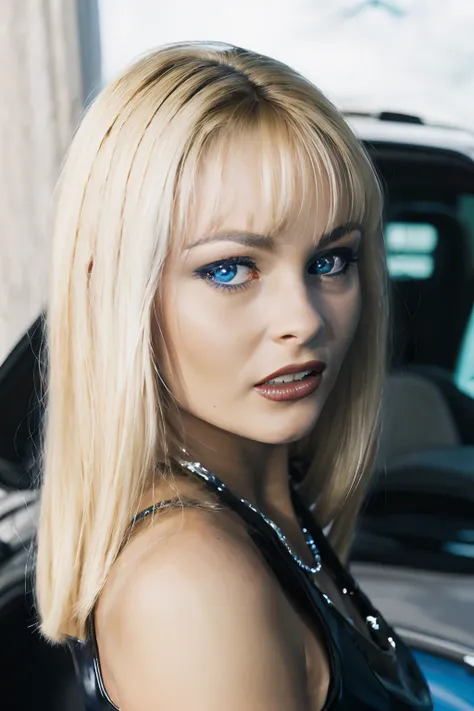 A realistic full-length photograph of (NikkiAndersonQuiron woman) , 
ultra realistic 8k cg, masterpiece, extremely intricate, best quality, cinematic lighting, cinematic bloom, dark style, Night Street, sexy dresses, girl leaned on the sport car hood, background Megalopolis, beautiful blue  eyes, blond hair, black lipstick, petite body, small breasts.
<lora:quiron_NikkiAnderson_v7_Lora:0.97>