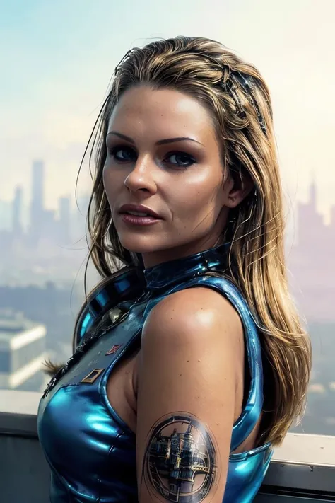 A stunning intricate full color portrait of a woman,wearing a cool cyberpunk outfit,cyberpunk landscape in the background, happy, epic character composition,by ilya kuvshinov, alessio albi, nina masic,sharp focus, natural lighting, subsurface scattering, f2, 35mm, film grain <lora:quiron_TaniaRussof_v5_Lora:1>