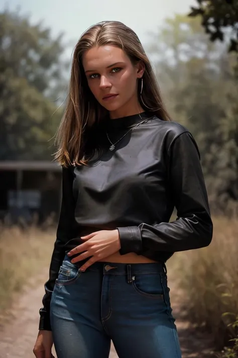 A stunning intricate full color portrait of a woman,wearing jeans and black t-shirt, happy, epic character composition,by ilya kuvshinov, alessio albi, nina masic,sharp focus, natural lighting, subsurface scattering, f2, 35mm, film grain <lora:quiron_NikkiAnderson_v7_Lora:1>