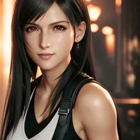 highly detailed photo of Tifa Lockhart posing, final fantasy 7 remake, red eyes, intricate, highres, 8k, detailed hair, detailed skin, masterpiece, very long hair, award-winning photography, sharp focus, dramatic lighting, unreal engine 5, full body shot <lora:tifa lockhart:0.5>,