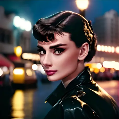masterpiece, best quality, high detail, trending on artstation, realistic, beautiful detailed face, detailed eyes, overall, a photo of a cyberpunk private detective, young woman, dark hair, drone, Blade Runner city, neo lights, dark, rain, night, RAW, canon r6, wide shot, sharp, blurry background, rule of thirds, dramatic lights, hepburn, <lora:AudreyHepburn_v10:0.9>, <lora:epi_noiseoffset2:1>, <lora:add_brightness:1.5>