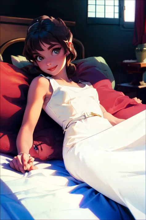 (masterpiece, best quality;1.3), 8k picture, extremely detailed , takagi1, pov, 1girl, looking at viewer,hepburn, smile,white detailed dress, Beautiful White Skin, roma city, audrey hepburn, from below, lying on bed, <lora:hepburn:0.7>