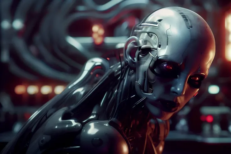 a humanoid woman with a white head and a black face in a dark room with a red light behind him, Cedric Peyravernay, unreal engine 5 highly rendered, cyberpunk art, les automatistes, raw photo of detailed skin, clear face, <lora:biomechanicals_v2:1>