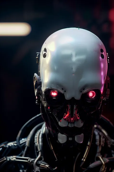 a red eye glow biomechanical humanoid robot  with a white head and a black face in a dark room with a red light behind him, Cedric Peyravernay, unreal engine 5 highly rendered, cyberpunk art, les automatistes, raw photo of  detailed skin, clear face,  <lora:biomechanicals_v2:1>