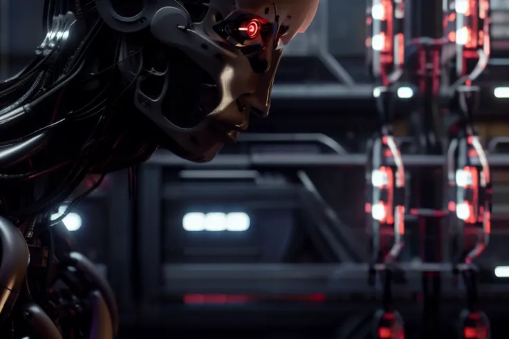 a humanoid robot with a white head and a black face in a dark room with a red light behind him, Cedric Peyravernay, unreal engine 5 highly rendered, cyberpunk art, les automatistes, raw photo of detailed skin, clear face, <lora:biomechanicals_v2:1>