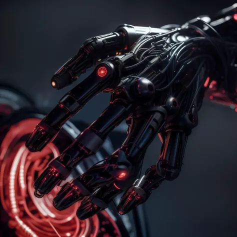 a hand humanoid robot biomechanical with  wires and a light cold on it's face and neck, in a dark room   in a dark room with a red light behind him, Cedric Peyravernay, unreal engine 5 highly rendered, cyberpunk art, les automatistes, raw photo of  detailed skin, clear face <lora:biomechanicals_v2:1>