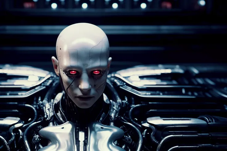 a humanoid woman with a white head and a black face in a dark room with a red light behind him, Cedric Peyravernay, unreal engine 5 highly rendered, cyberpunk art, les automatistes, raw photo of detailed skin, clear face, <lora:biomechanicals_v2:1>