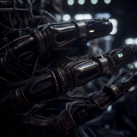 a hands humanoid robot biomechanical bronze with a head full of wires and a light cold on it's face and neck, in a dark room in a dark room with a red light behind him, Cedric Peyravernay, unreal engine 5 highly rendered, cyberpunk art, les automatistes, raw photo of detailed skin, clear face <lora:biomechanicals_v2:1>