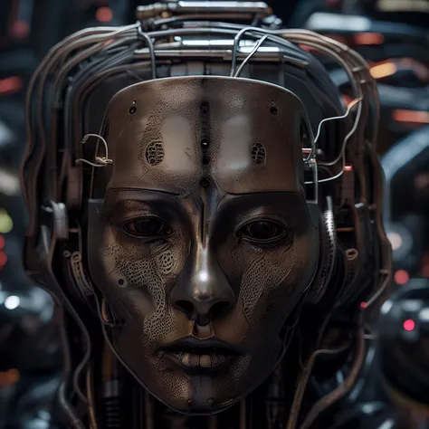 a humanoid robot biomechanical bronze with a head full of wires and a light cold on it's face and neck, in a dark room in a dark room with a red light behind him, Cedric Peyravernay, unreal engine 5 highly rendered, cyberpunk art, les automatistes, raw photo of detailed skin, clear face <lora:biomechanicals_v2:1>