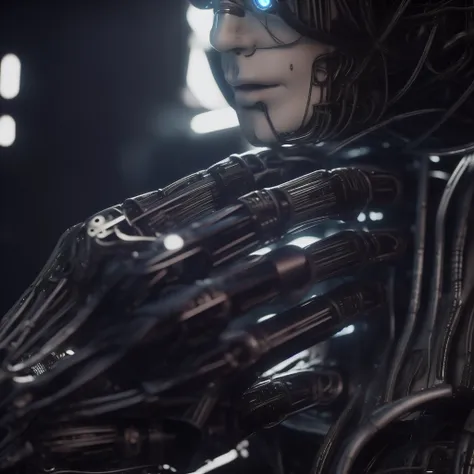 a hand humanoid robot biomechanical with wires and a light cold on it's face and neck, in a dark room in a dark room with a red light behind him, Cedric Peyravernay, unreal engine 5 highly rendered, cyberpunk art, les automatistes, raw photo of detailed skin, clear face <lora:biomechanicals_v2:1>