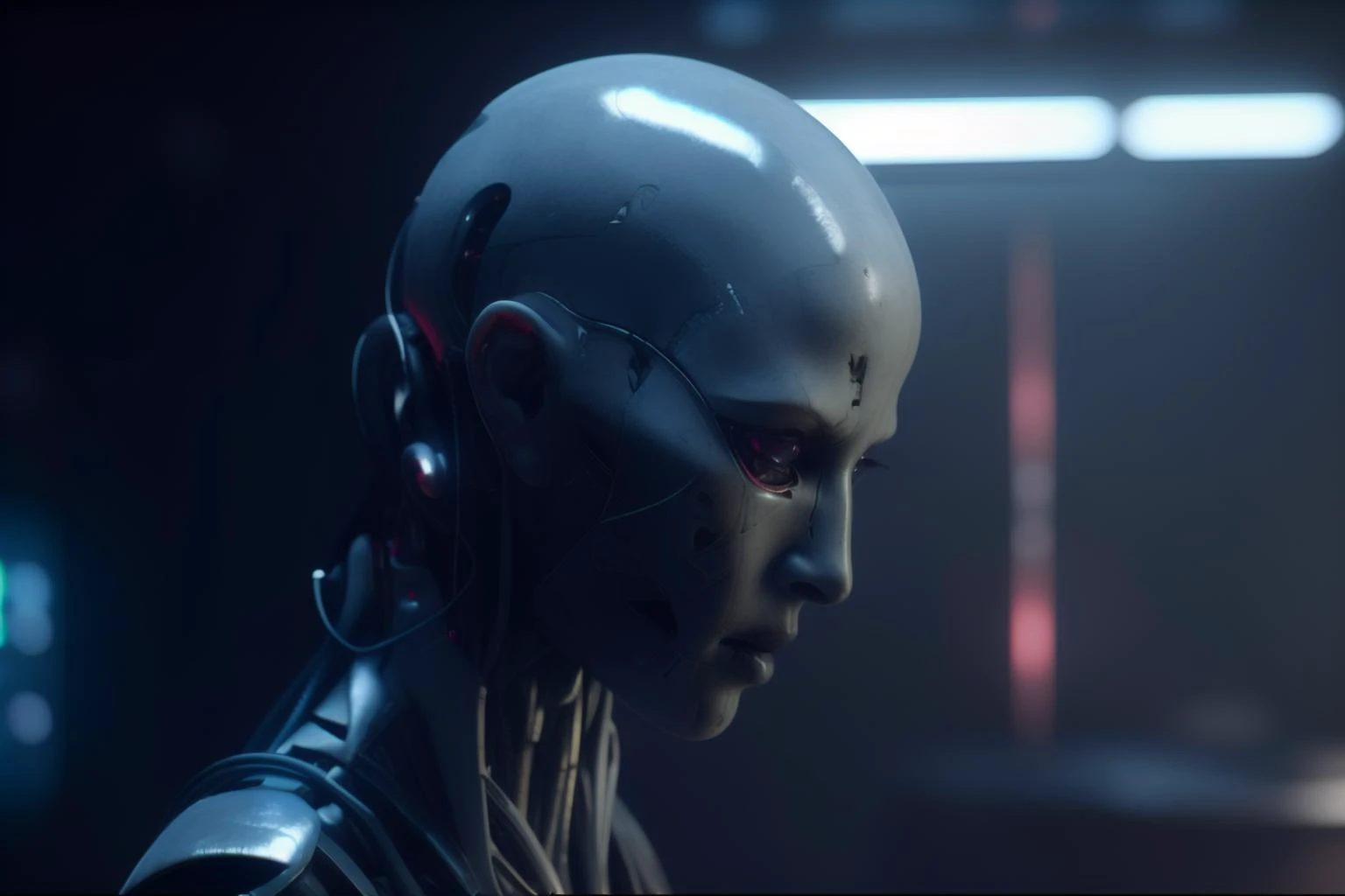 a eye humanoid woman with a white head and a black face in a dark room with a red light behind him, Cedric Peyravernay, unreal engine 5 highly rendered, cyberpunk art, les automatistes, raw photo of detailed skin, clear face, <lora:biomechanicals_v2:1>