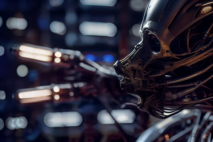 a metallic humanoid robot with a head full of wires and a light cold on it's face and neck, in a dark room <lora:biomechanicals_v2:1> in a dark room with a red light behind him, Cedric Peyravernay, unreal engine 5 highly rendered, cyberpunk art, les automatistes, raw photo of detailed skin, clear face, <lora:biomechanicals_v2:1>