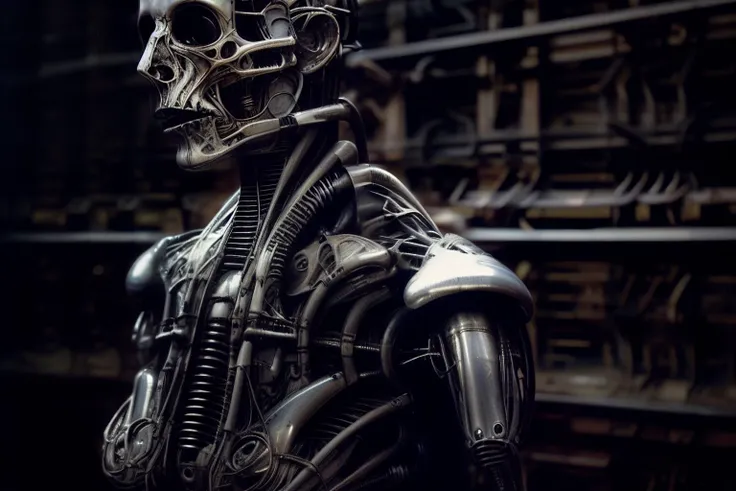a metallic humanoid robot with a head full of wires and a light cold on it's face and neck, in a dark room <lora:biomechanicals_v2:1> in a dark room with a red light behind him, Cedric Peyravernay, unreal engine 5 highly rendered, cyberpunk art, les automatistes, raw photo of detailed skin, clear face, <lora:biomechanicals_v2:1>