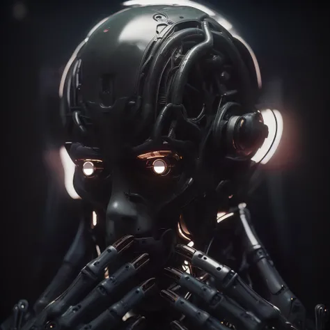 a hand humanoid robot biomechanical with wires and a light cold on it's face and neck, in a dark room in a dark room with a red light behind him, Cedric Peyravernay, unreal engine 5 highly rendered, cyberpunk art, les automatistes, raw photo of detailed skin, clear face <lora:biomechanicals_v2:1>