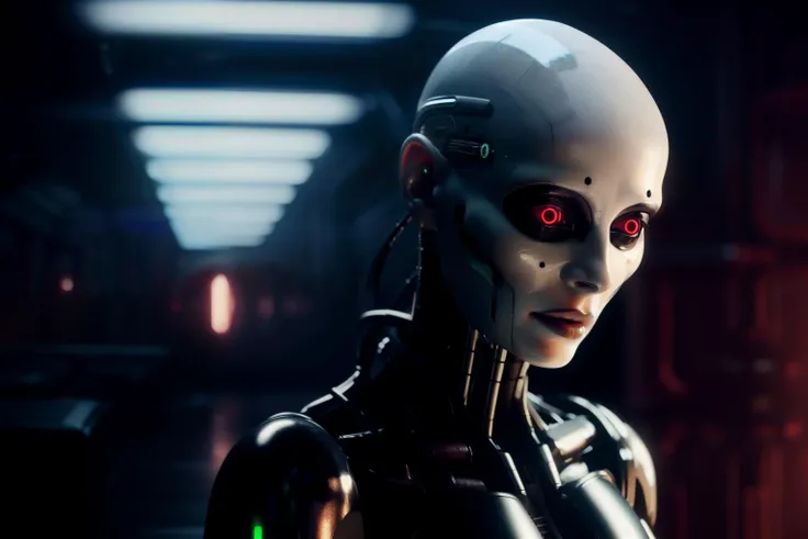 a green glow eye humanoid woman with a white head and a black face in a dark room with a red light behind him, Cedric Peyravernay, unreal engine 5 highly rendered, cyberpunk art, les automatistes, raw photo of detailed skin, clear face, <lora:biomechanicals_v2:1>