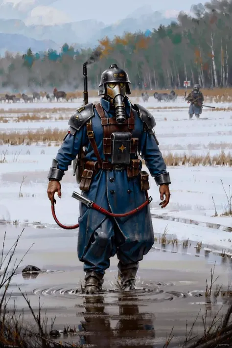 (masterpiece, best quality:1.2),intricate details, solo, armor,<lora:JakubRozalskistyleV1:0.95> jakubrozalskistyle <lora:DKOK:.55>dkok, gas mask , blue uniform, patrolling