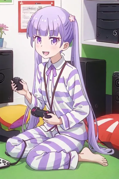 best quality, masterpiece, highres, solo, {suzukaze_aoba_newgame:1.15}, purple_hair, long_hair, twintails, purple_eyes, hair_ornament, flower, hair_flower, blush, ribbon, bangs, neck_ribbon, 1girl, controller, game_controller, gamepad, open_mouth, barefoot, playstation_controller, sitting, :d, holding, looking_at_viewer, pajamas, smile, star_\(sky\), starry_sky, striped