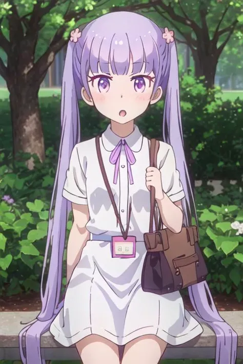 best quality, masterpiece, highres, solo, {suzukaze_aoba_newgame:1.15}, purple_hair, long_hair, twintails, purple_eyes, hair_ornament, flower, hair_flower, blush, ribbon, bangs, neck_ribbon, 1girl, smile, looking_at_viewer, upper_body