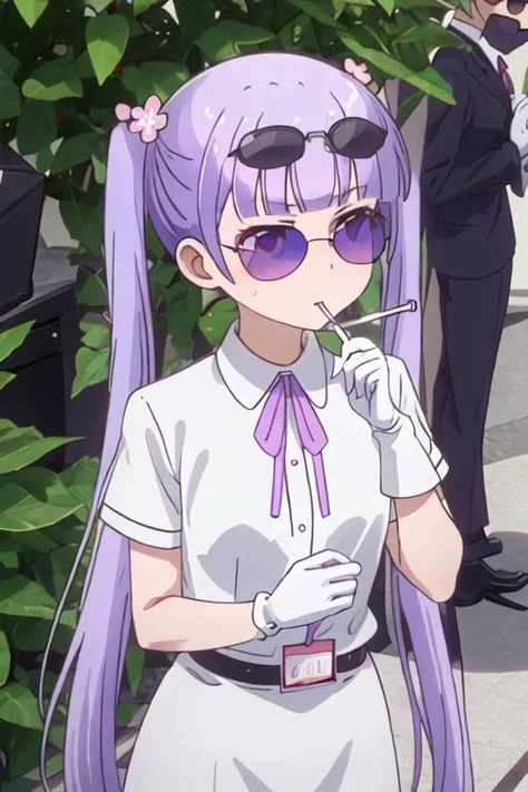 best quality, masterpiece, highres, solo, {black business suit:1.40}, {tie:1.20}, {sunglasses:1.25}, {white gloves:1.15}, {white shirt:1.10}, {black skirt:1.15}, {smoking:1.20}, handsome, {suzukaze_aoba_newgame:1.15}, purple_hair, long_hair, twintails, purple_eyes, hair_ornament, flower, hair_flower, blush, ribbon, bangs, neck_ribbon