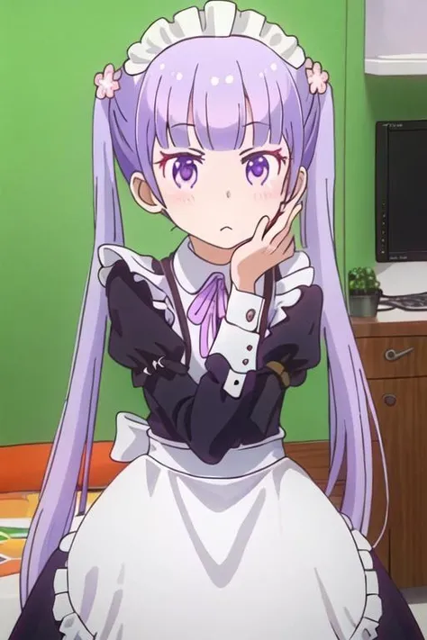 best quality, masterpiece, highres, solo, {maid:1.40}, {long maid dress:1.15}, {suzukaze_aoba_newgame:1.15}, purple_hair, long_hair, twintails, purple_eyes, hair_ornament, flower, hair_flower, blush, ribbon, bangs, neck_ribbon