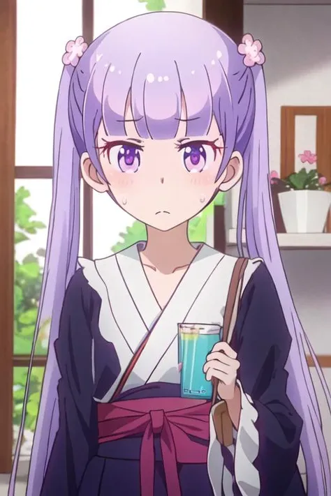 best quality, masterpiece, highres, solo, {suzukaze_aoba_newgame:1.15}, purple_hair, long_hair, twintails, purple_eyes, hair_ornament, flower, hair_flower, blush, ribbon, bangs, neck_ribbon, 1girl, double_bun, hair_bun, upper_body, closed_mouth, japanese_clothes, kimono, looking_at_viewer, sweatdrop, short_hair