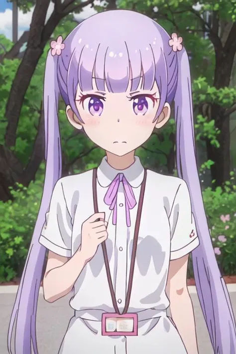 best quality, masterpiece, highres, solo, {suzukaze_aoba_newgame:1.15}, purple_hair, long_hair, twintails, purple_eyes, hair_ornament, flower, hair_flower, blush, ribbon, bangs, neck_ribbon, 1girl, dress_shirt, pink_ribbon, shirt, short_sleeves, upper_body, white_shirt, collared_shirt, looking_at_viewer, closed_mouth, blunt_bangs