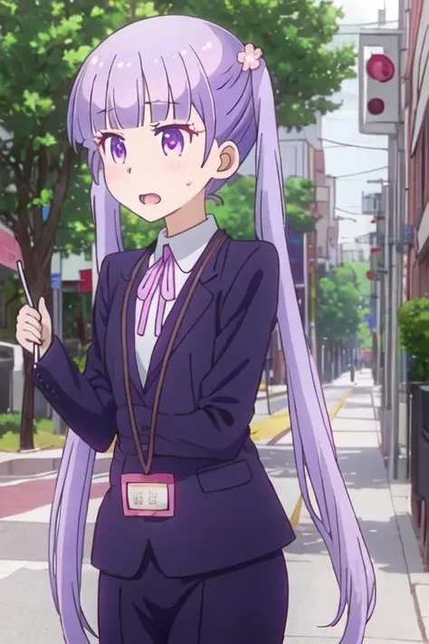 best quality, masterpiece, highres, solo, {suzukaze_aoba_newgame:1.15}, purple_hair, long_hair, twintails, purple_eyes, hair_ornament, flower, hair_flower, blush, ribbon, bangs, neck_ribbon, 2girls, multiple_girls, open_mouth, sweatdrop, formal, suit, blonde_hair, solo_focus, brown_hair, pink_ribbon