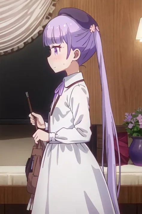 best quality, masterpiece, highres, solo, {suzukaze_aoba_newgame:1.15}, purple_hair, long_hair, twintails, purple_eyes, hair_ornament, flower, hair_flower, blush, ribbon, bangs, neck_ribbon, 1girl, dress, very_long_hair, beret, bow, hat, standing, black_bow, from_side, hair_bow, long_sleeves, profile, sweatdrop