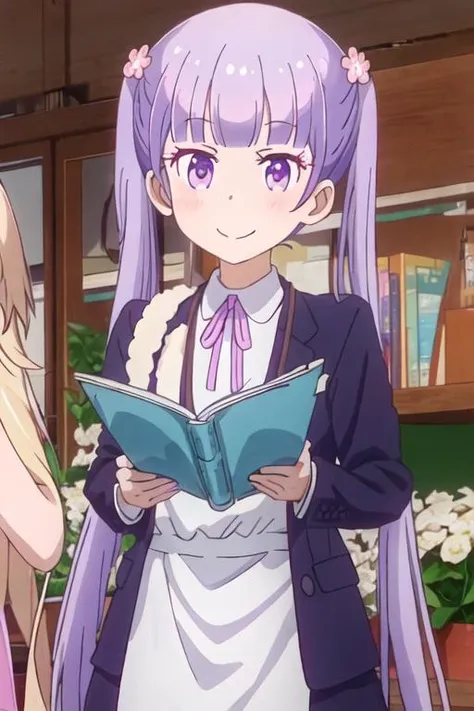 best quality, masterpiece, highres, solo, {suzukaze_aoba_newgame:1.15}, purple_hair, long_hair, twintails, purple_eyes, hair_ornament, flower, hair_flower, blush, ribbon, bangs, neck_ribbon, 2girls, formal, multiple_girls, shirt, solo_focus, suit, blonde_hair, pink_ribbon, upper_body, smile