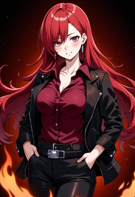 The image is a digital illustration in an anime style, depicting a young woman with striking features. She has a pale skin complexion and a slender physique. Her long flowing red hair, and her eyes are a vibrant red, giving her a striking appearance. She has a confident, slightly mischievous expression on her face, with a hint of a smirk. She is dressed in a deep maroon blouse with earrings. Her outfit is completed with a black leather jacket, cinched at the waist with a silver belt, and black leather pants. The outfit exudes a gothic and edgy aesthetic.
The background is a gradient of dark reds and blacks, with swirling flames and intense atmosphere to the image. The flame background creating a visually striking composition.