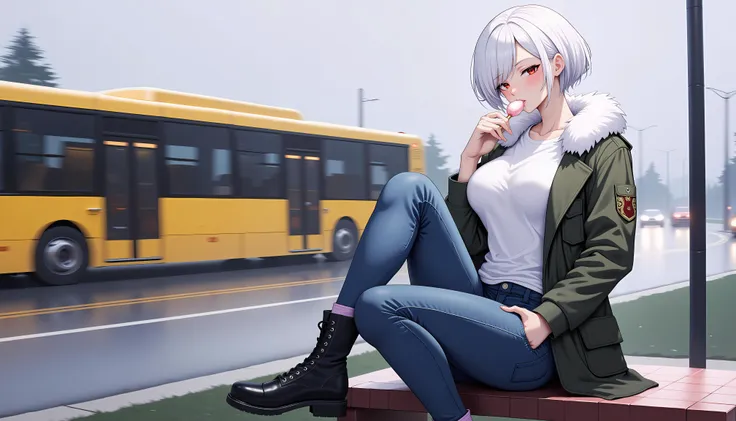 This is a highly detailed digital artwork featuring an ethereal, anime-style, a very beautiful woman with short white hair and red eyes, sucking on in her mouth a lollipop that she is holding by the stick in her right hand., she looks like she's in her 30s, with a muscular body and very pale complexion. She is sitting on a bench in a dominant posture, with her left leg propped up on the bench and her right leg on the ground. She is wearing an oversized military-style winter jacket with fur, a white t-shirt, blue jeans, and black boots. Her left hand is tucked into the pocket of her jacket. In the background, there will be visible road traffic, including a passing yellow bus in a blurred effect to convey the bus's speed. The outdoor climate is calm but cloudy, with a gray sky, giving a particular tone to the image. The art style is highly polished and detailed, similar to a professional artwork intended to be sold at a very high price.