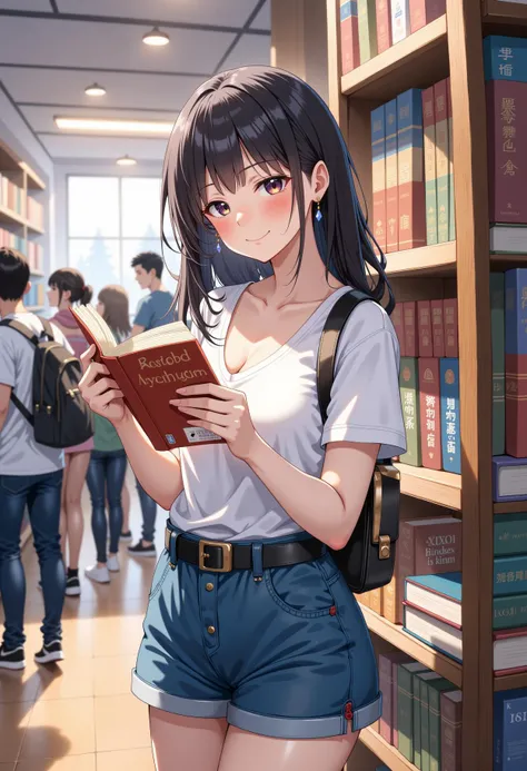 This is digital illustration in the anime style, depicting a young woman in casual outfit. She stands while reading book in the book store. The scene is crowded with people. She smile directly to camera