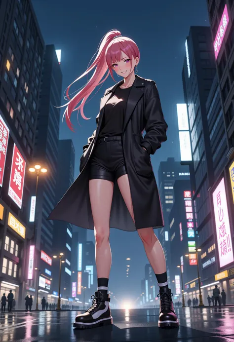 This is a digital drawing in an anime art style depicting a young woman standing in a futuristic cityscape. The scene is set at night, with a dense, urban environment filled with towering buildings and neon lights. The woman is of East Asian descent, with a light skin tone and long, flowing pink hair tied into a high ponytail. She wears a black trench coat, rebellious appearance. Her outfit also includes a black shirt, black shorts, and black combat boots with white accents.
The ground beneath her feet is reflective, suggesting a wet surface, possibly from recent rainfall. The cityscape is a mix of futuristic and cyberpunk elements, with neon signs and electronic billboards visible in the background. Some signs have Japanese characters, adding to the cyberpunk theme. The sky is dark, with a faint glow from the city lights, and the atmosphere is moody and intense. The overall tone of the image is dark and edgy, with a sense of power and determination emanating from the young woman.