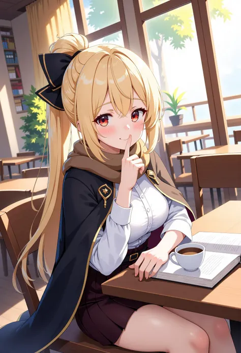 This is a digital illustration in an anime style featuring a young woman sitting at a table in a cozy café. She has light blonde hair styled in a high ponytail with a black bow, and large, expressive red eyes. She is wearing a black cloak with golden embellishments, a white blouse, and a brown scarf. Her skin is fair and her expression is contemplative as she holds an index finger to her lips. 
She is seated at a wooden table with a white cup of coffee and an open book in front of her, indicating she is reading or studying. The café has a warm, inviting atmosphere with wooden chairs and tables, and large windows allowing natural light to flood in, casting a golden glow on the scene. Potted plants and shelves filled with books line the walls, suggesting a cozy, intellectual ambiance.