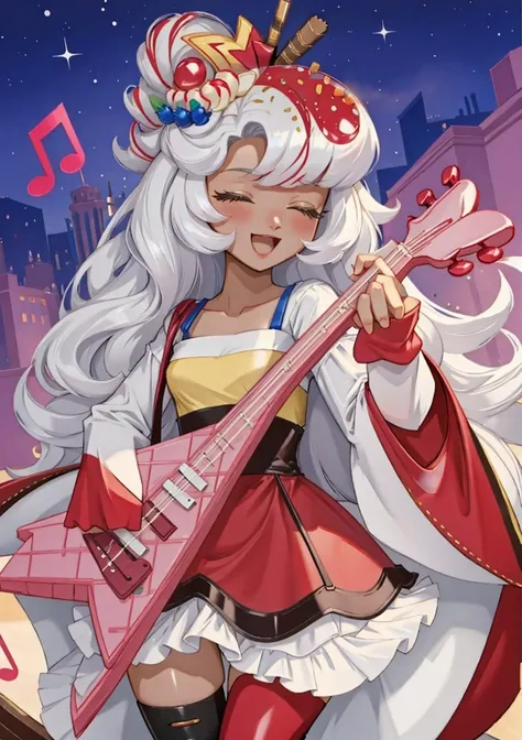 (masterpiece, best quality, highres, ultra detailed:1.2), (solo, 1girl, cowboy shot), paruparu, dark skin, closed eyes, white eyelashes, white hair, hair bun, red dress, food-themed hair ornament, sleeves past wrists, thighhighs, (instrument, guitar:1.3), 
BREAK, smile, open mouth, (dynamic pose, one leg up), 
BREAK, (stage, music, music notes)