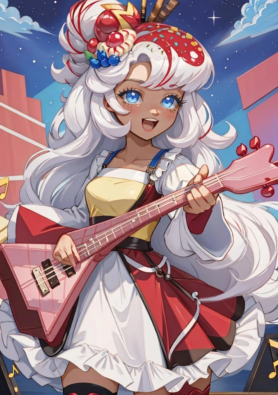 (masterpiece, best quality, highres, ultra detailed:1.2), (solo, 1girl, cowboy shot), paruparu, dark skin, blue eyes, white eyelashes, white hair, hair bun, red dress, food-themed hair ornament, sleeves past wrists, thighhighs, (instrument, guitar:1.3),
BREAK, smile, open mouth, facing viewer, (dynamic pose, outstretched arms),
BREAK, (stage, music, music notes)