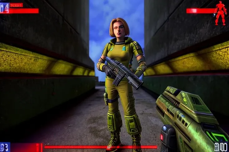 ut99 soldier posing with a gun, alien towers behind him in the background, high detail, very sharp, high quality <lora:hjut99_v21:0.8>