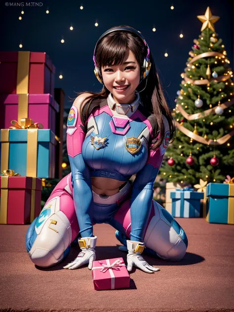 masterpiece, best quality, highly detailed, asian, korean, 1girl, dva opening a christmas present, happy , smiling, futuristic metal trees with ornaments, christmas lights, <lora:dva_10:0.8> , d.va,solo,headset,tight clothing, full body shot