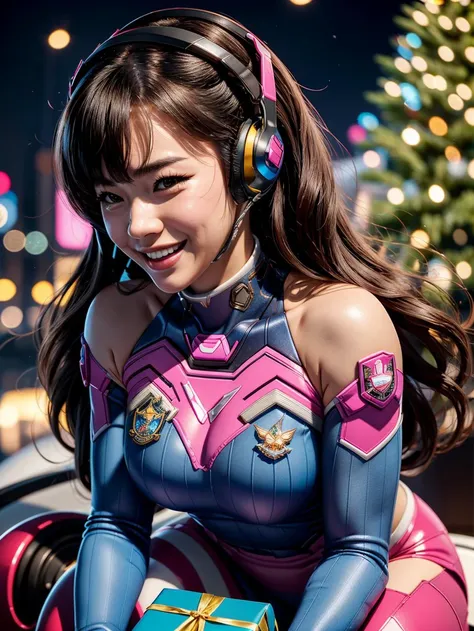 masterpiece, best quality, highly detailed, asian, korean, 1girl, dva opening a christmas present, happy , smiling, futuristic metal trees with ornaments, christmas lights, <lora:dva_10:0.8> , d.va,solo,headset,tight clothing, full body shot