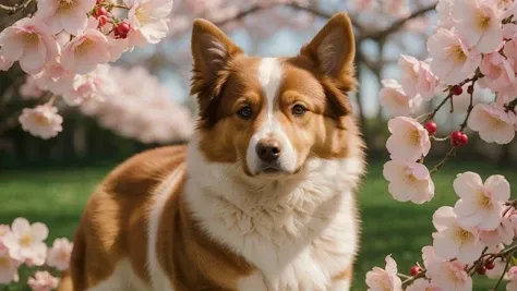 photolab, Elegant, extremely beautiful, Tangerine, Lemon Yellow and Turquoise Australian Shepherd, MOBA style, Swirling cherry blossom pink, most beautiful artwork in the world
