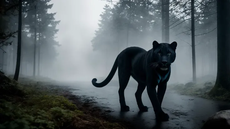 stylized by Magali Villeneuve and Paul Gauguin, illustration art, Raw digital photo, professionally shot of a Panther, at Blue hour, deep focus, Sci-Fi, soft light, Cinematic, Nikon d3300, 35mm, CMYK Colors, opulent, moody