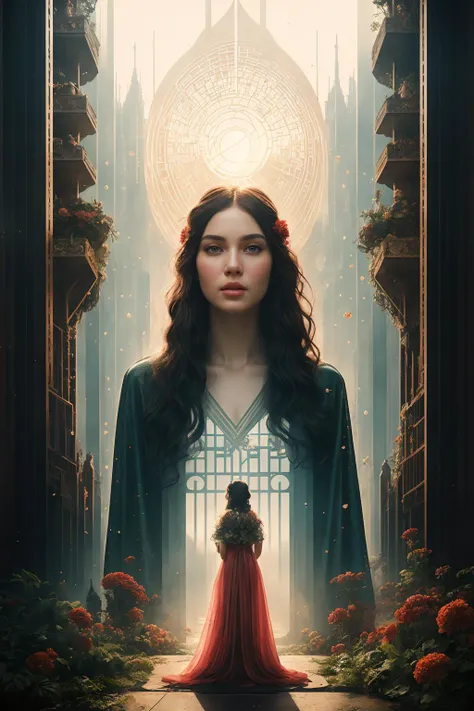Large"Spellbreaker", Very wide view, Solarpunk Art, Indirect light, Vibrant Color, (Neutral and Psychedelic:0.7) , Elegant, (portrait art designed by Tran Nguyen:0.8)